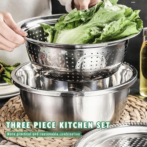KRESHU 3IN1 Stainless Steel Basin Set with Colander Grater Lid 3-Piece Multi-Function Mixing Bowl for Washing, Stainless Steel Basin Set (26 * 26 * 10CM) - Image 4