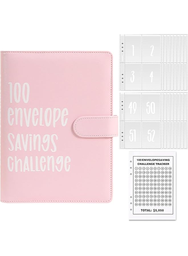 erorex 100 Envelopes Money Saving Challenge Book Easy And Fun To Save Up To 5 050 Savings Challenges Book With Envelopes Clearly Visible Budget Planner Book For Saving Money Pink  - Image 1