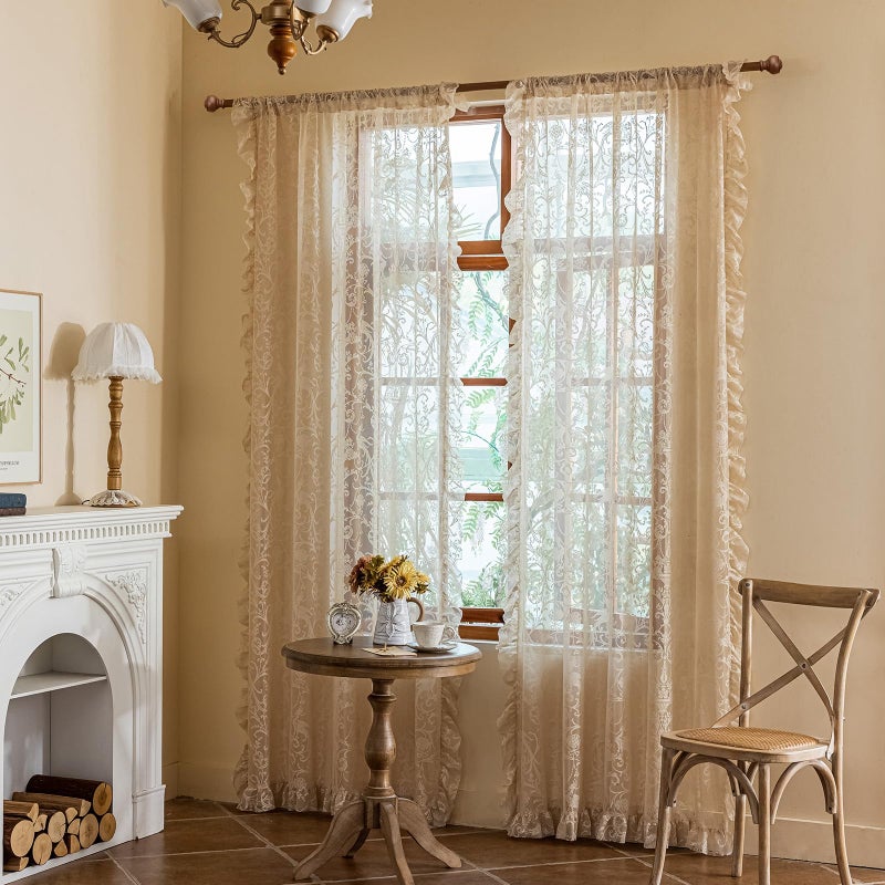 TUDECO Beige Boho Curtains 8 Foot - Cottage Translucen Lace Curtains for Living Room Bedroom, Pretty Chic Floral Ruffle Light Filtering Privacy Window Decor, 59 x 96 Inch, Light Beige - Image 5