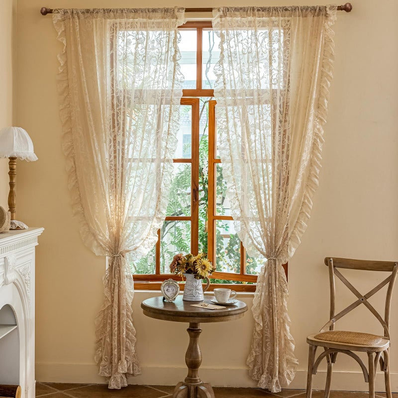TUDECO Beige Boho Curtains 8 Foot - Cottage Translucen Lace Curtains for Living Room Bedroom, Pretty Chic Floral Ruffle Light Filtering Privacy Window Decor, 59 x 96 Inch, Light Beige - Image 1