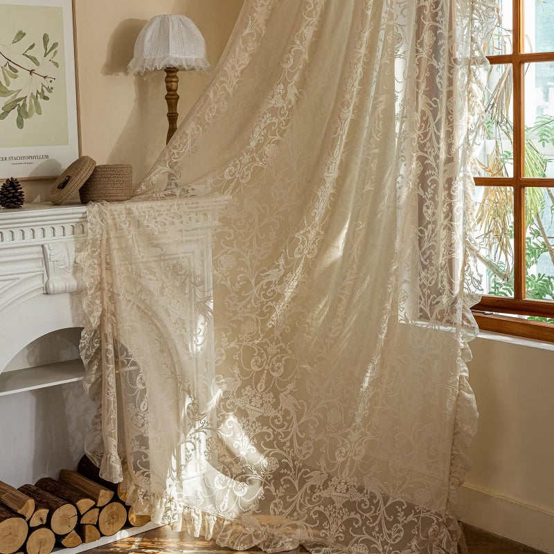 TUDECO Beige Boho Curtains 8 Foot - Cottage Translucen Lace Curtains for Living Room Bedroom, Pretty Chic Floral Ruffle Light Filtering Privacy Window Decor, 59 x 96 Inch, Light Beige - Image 4