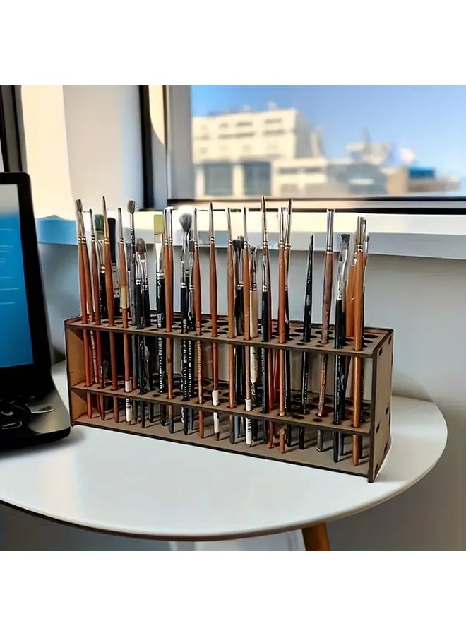 Traditional Wooden Brush Holder 67 Slot Desktop Organizer Brown Plywood Material No Electricity Required - Image 1