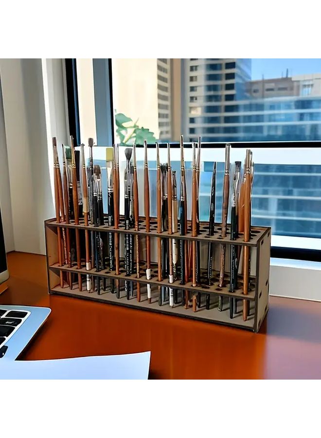 Traditional Wooden Brush Holder 67 Slot Desktop Organizer Brown Plywood Material No Electricity Required - Image 4