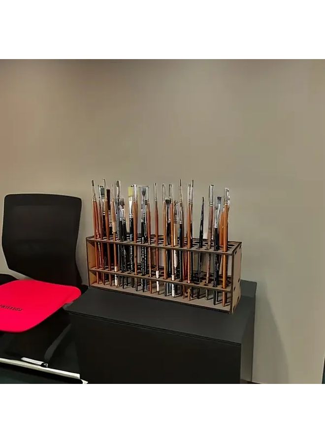 Traditional Wooden Brush Holder 67 Slot Desktop Organizer Brown Plywood Material No Electricity Required - Image 5