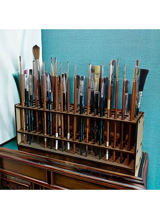 Traditional Wooden Brush Holder 67 Slot Desktop Organizer Brown Plywood Material No Electricity Required - Image 2