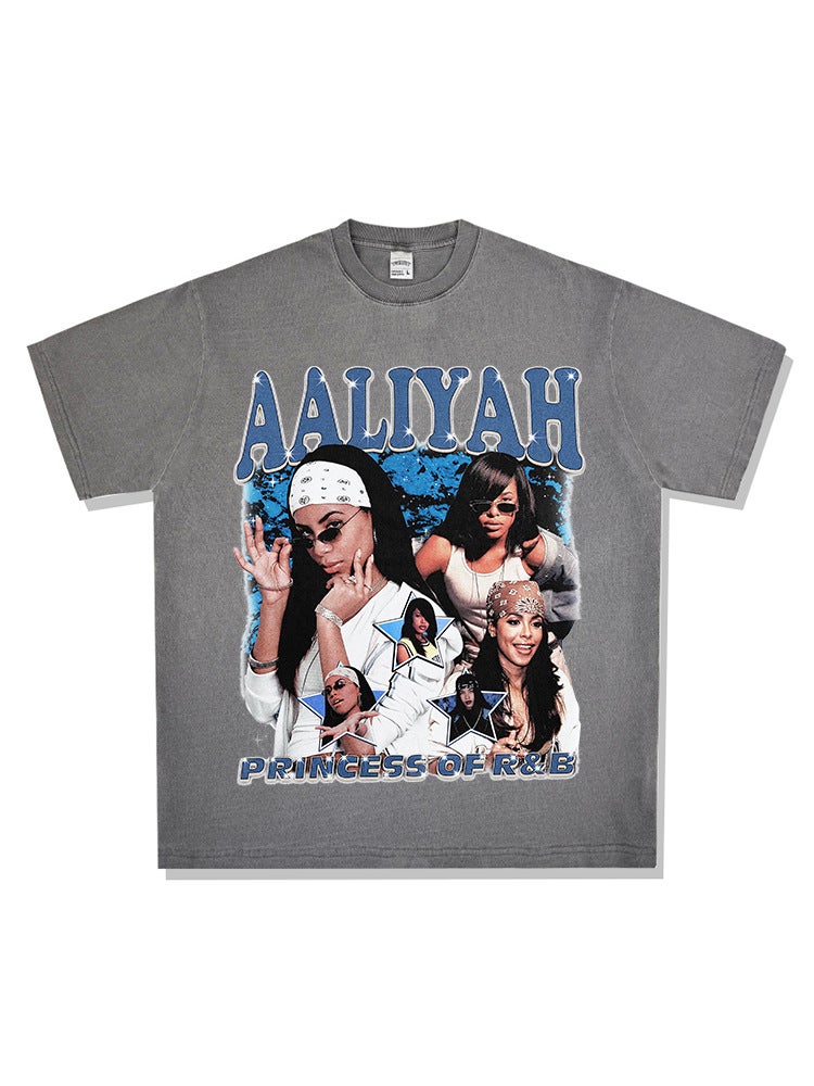Retro Trendy Brand Hip-Hop Aliyah Printed Short-Sleeve Heavy Cotton High Street Versatile Sweatshirt - Image 4