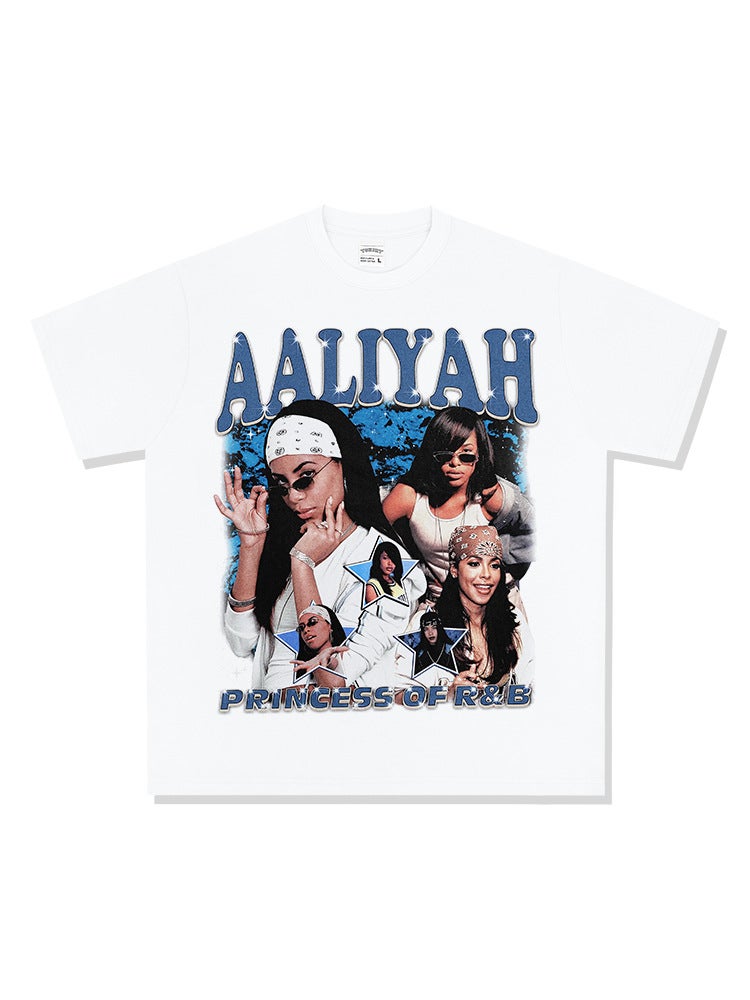 Retro Trendy Brand Hip-Hop Aliyah Printed Short-Sleeve Heavy Cotton High Street Versatile Sweatshirt - Image 5