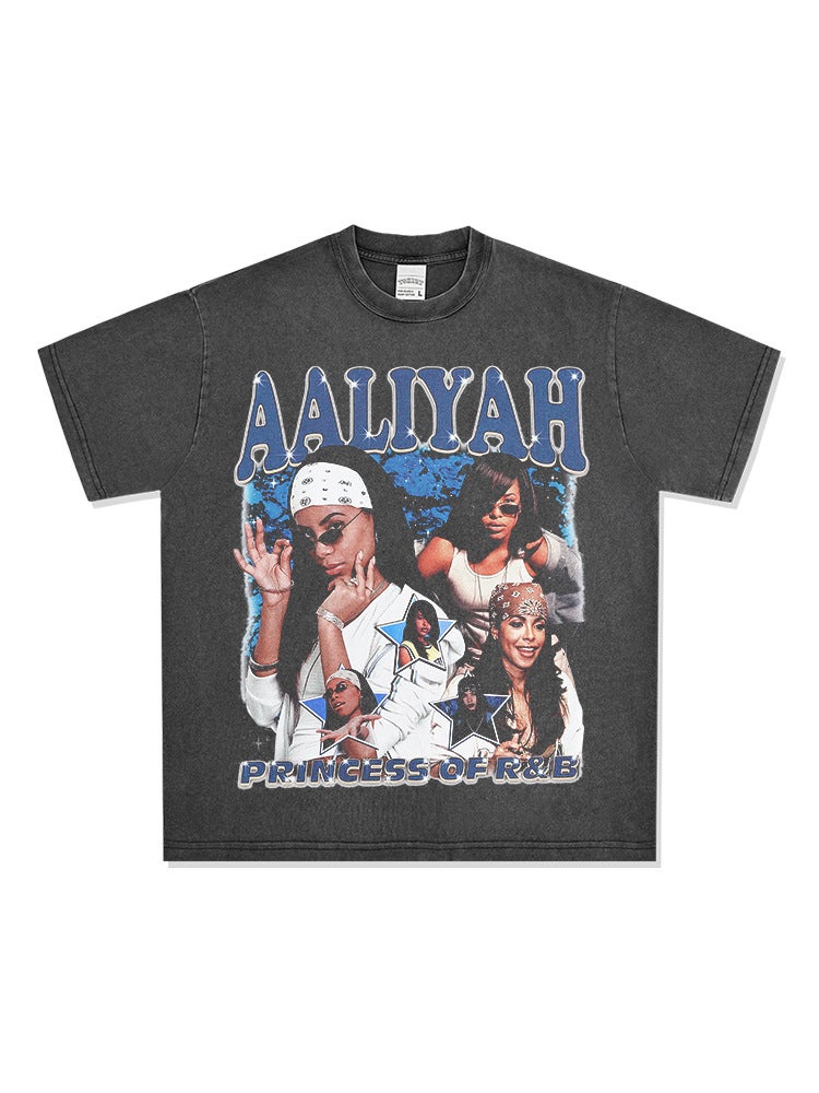 Retro Trendy Brand Hip-Hop Aliyah Printed Short-Sleeve Heavy Cotton High Street Versatile Sweatshirt - Image 3