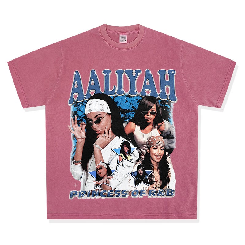 Retro Trendy Brand Hip-Hop Aliyah Printed Short-Sleeve Heavy Cotton High Street Versatile Sweatshirt - Image 1