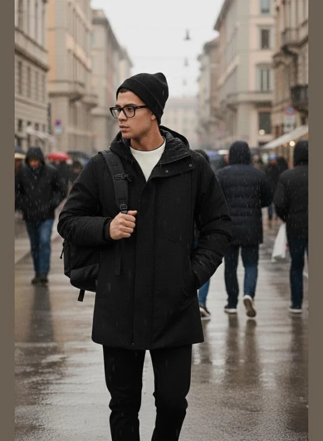 بوراتي معطف رجالي مبطن من بوراتي بقصة عادية بسحاب وأزرار كبس وغطاء رأس