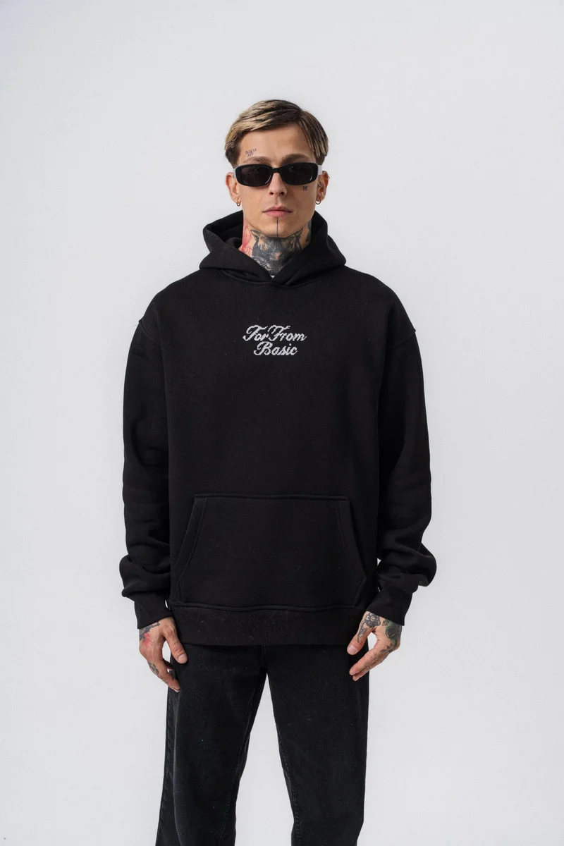 RESPIRE Men's Far From Basic Embroidered Hooded Oversize Hoodie Black