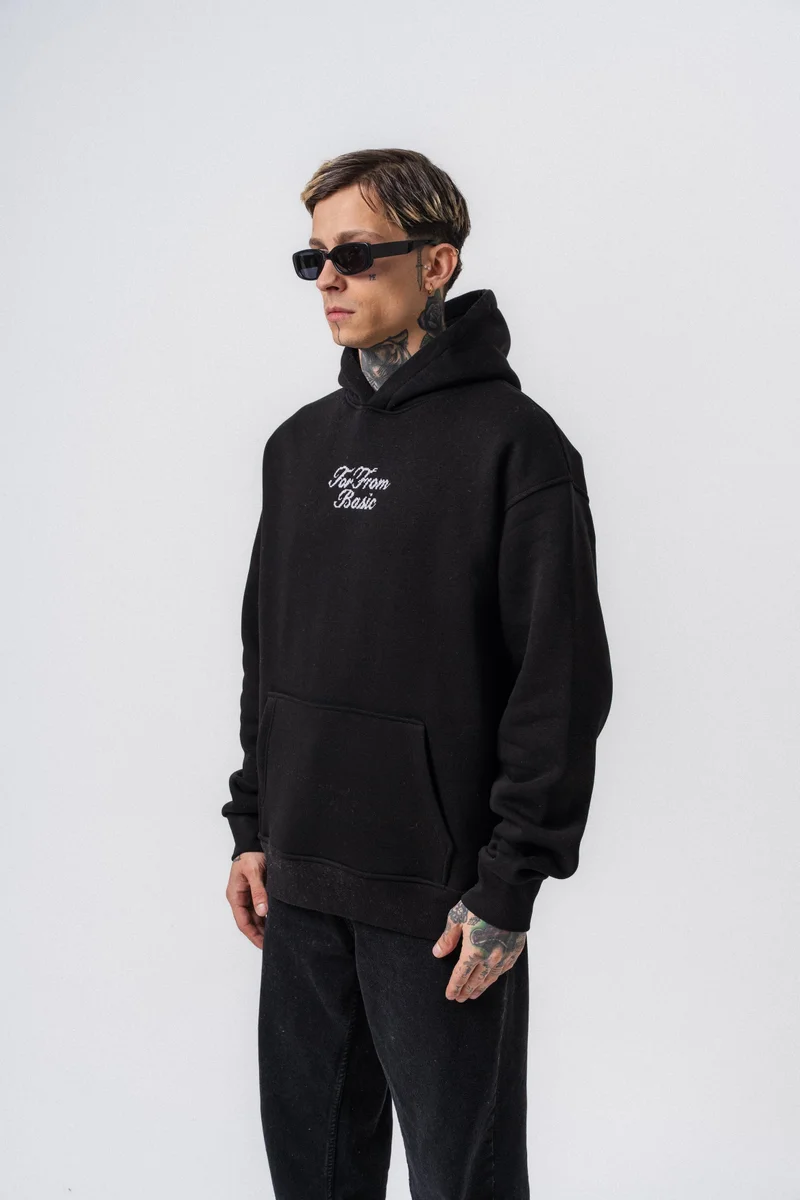 RESPIRE Men's Far From Basic Embroidered Hooded Oversize Hoodie Black