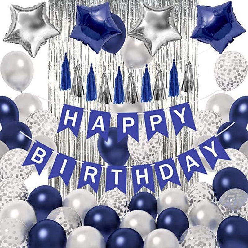 ELECDON Birthday Party Decoration Happy Birthday Banner Silver Fringe Curtain Pentagram Shaped Balloon Blue Birthday Decoration for Men Women Girls Boys Kids Men Women Birthday Decor Set - Image 1