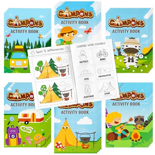 Dvbonike 24Pcs Travel Camping Activity Books Happy Camper Mini Fun Games Coloring Book Bulk Party Favors Goodie Bags Stuffers for Birthday Classroom School Students Rewards Supplies - Image 1