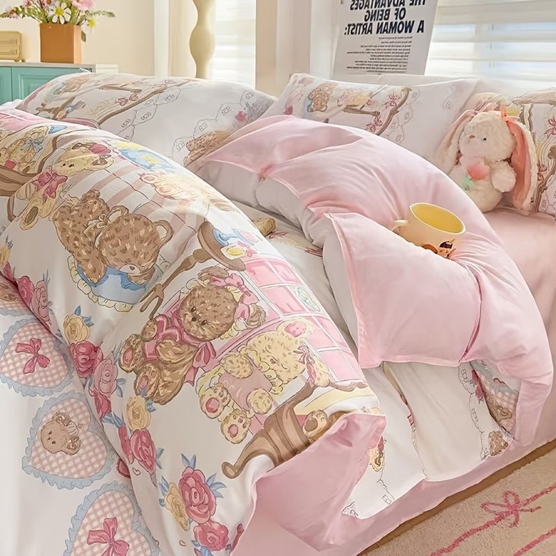 4pcs Bedding (1 Duvet Cover, 1 Fitted Sheet, 2 Pillowcases) Country Style Bedding Bowknot And Teddy Bear Pattern Synthetic Fabric Machine Washable Soft All-Season Use Does Not Include Duvet Insert And Pillow Inserts - Image 4