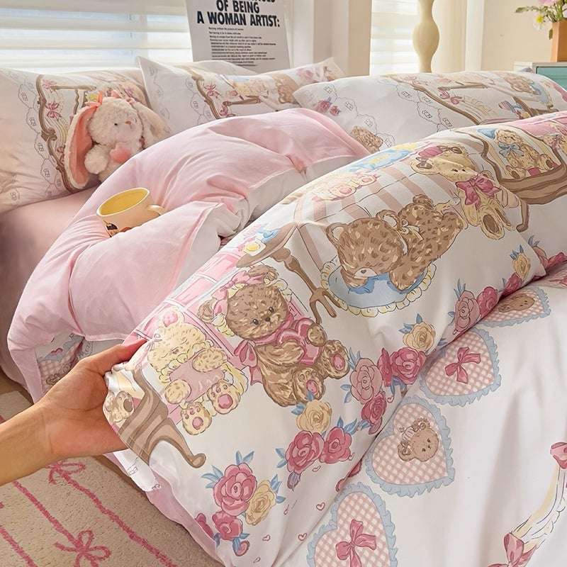 4pcs Bedding (1 Duvet Cover, 1 Fitted Sheet, 2 Pillowcases) Country Style Bedding Bowknot And Teddy Bear Pattern Synthetic Fabric Machine Washable Soft All-Season Use Does Not Include Duvet Insert And Pillow Inserts - Image 3