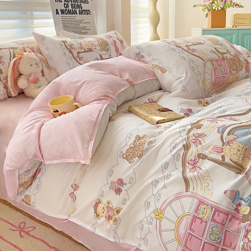 4pcs Bedding (1 Duvet Cover, 1 Fitted Sheet, 2 Pillowcases) Country Style Bedding Bowknot And Teddy Bear Pattern Synthetic Fabric Machine Washable Soft All-Season Use Does Not Include Duvet Insert And Pillow Inserts - Image 5