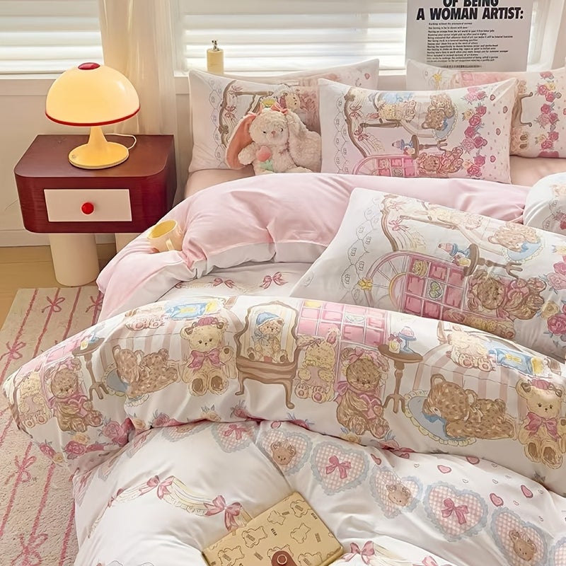 4pcs Bedding (1 Duvet Cover, 1 Fitted Sheet, 2 Pillowcases) Country Style Bedding Bowknot And Teddy Bear Pattern Synthetic Fabric Machine Washable Soft All-Season Use Does Not Include Duvet Insert And Pillow Inserts - Image 1
