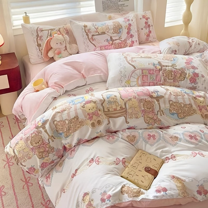 4pcs Bedding (1 Duvet Cover, 1 Fitted Sheet, 2 Pillowcases) Country Style Bedding Bowknot And Teddy Bear Pattern Synthetic Fabric Machine Washable Soft All-Season Use Does Not Include Duvet Insert And Pillow Inserts - Image 2