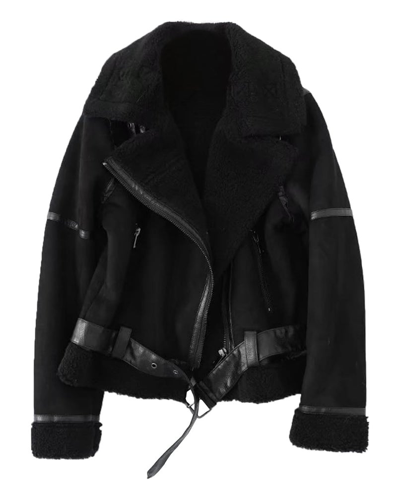 LY VAREY LIN Womens Faux Shearing Moto Jacket Thick Lined Parka Winter Shearling Coat Leather Jacket Faux Suede Lambs Black S