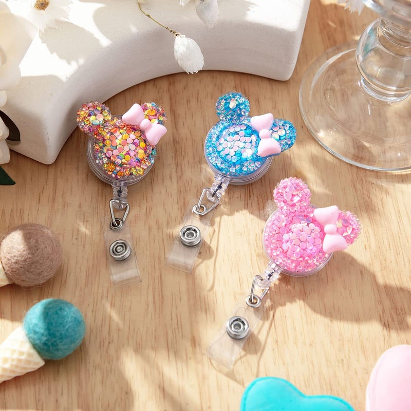 HASFINE Cute 3 Pack Badge Reels Retractable Badge Holder,Bling Glitter Cartoon Mouse-Shaped ID Name Card Holder,Pretty CNA RN Nursing Badge Reel with Alligator Clip for Work Office Nurse Teacher Student - Image 5