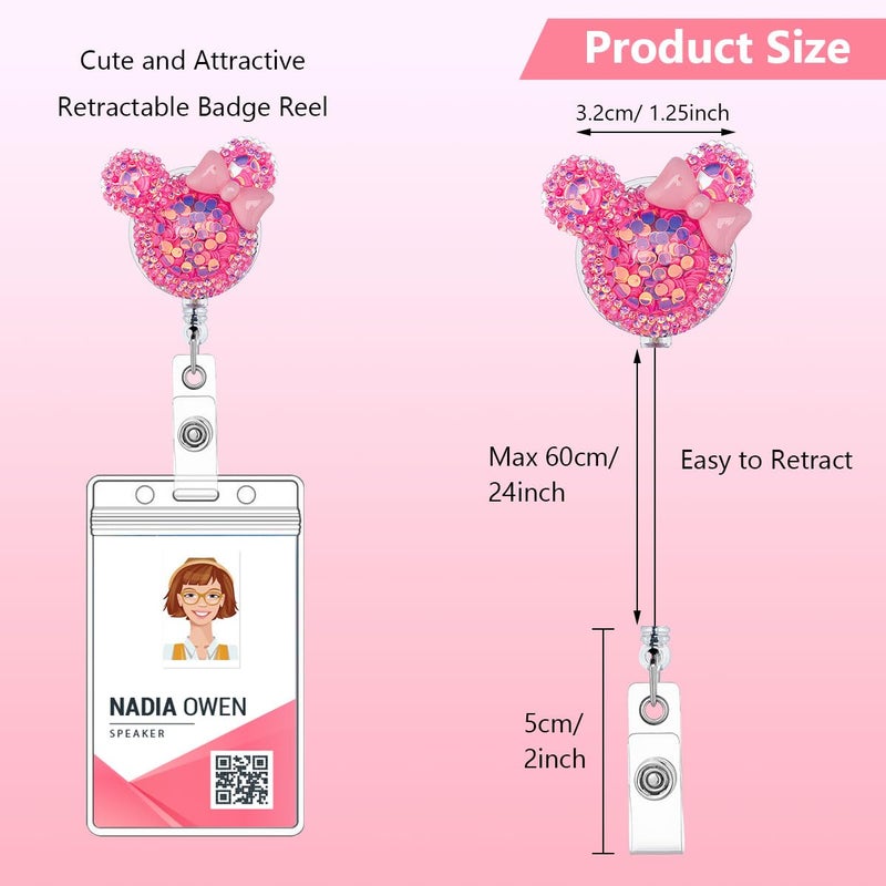 HASFINE Cute 3 Pack Badge Reels Retractable Badge Holder,Bling Glitter Cartoon Mouse-Shaped ID Name Card Holder,Pretty CNA RN Nursing Badge Reel with Alligator Clip for Work Office Nurse Teacher Student - Image 3