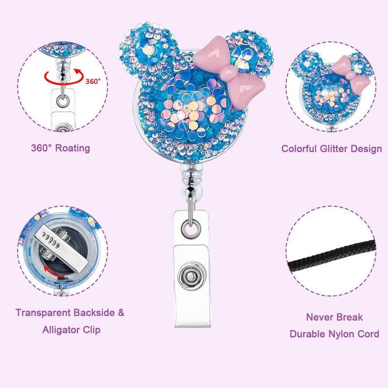 HASFINE Cute 3 Pack Badge Reels Retractable Badge Holder,Bling Glitter Cartoon Mouse-Shaped ID Name Card Holder,Pretty CNA RN Nursing Badge Reel with Alligator Clip for Work Office Nurse Teacher Student - Image 2