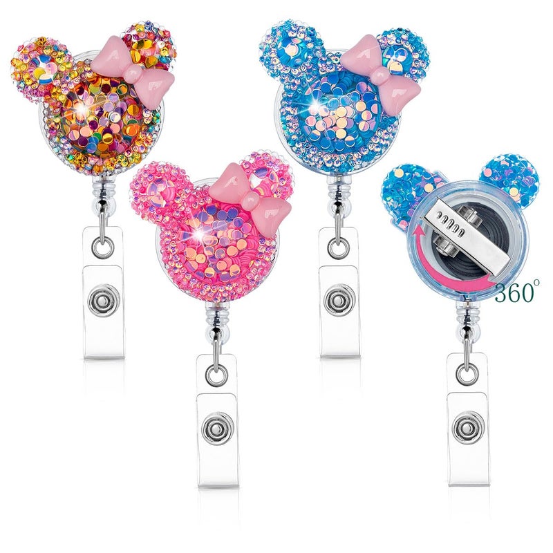 HASFINE Cute 3 Pack Badge Reels Retractable Badge Holder,Bling Glitter Cartoon Mouse-Shaped ID Name Card Holder,Pretty CNA RN Nursing Badge Reel with Alligator Clip for Work Office Nurse Teacher Student - Image 1