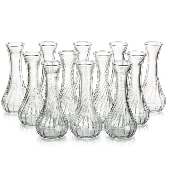 GLASS BUD VASE FOR FLOWERS SET OF 12 SMALL VASES IN BULK FOR TABLE WEDDING CENTREPIECE MINI RIBBED CLEAR ROSE VASE FOR EVENTS LIVING ROOM DECORATIVE SINGLE STEM FLOWER DECORATION