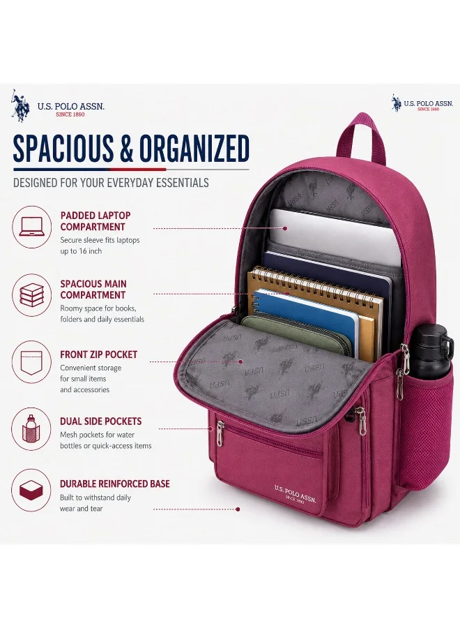 U.S. Polo Assn.  U.S. Polo Assn. Classic Berry Tonal Layered Pocket Backpack for School and Office MultiCompartment Bag for Campus  | Best Price UAE