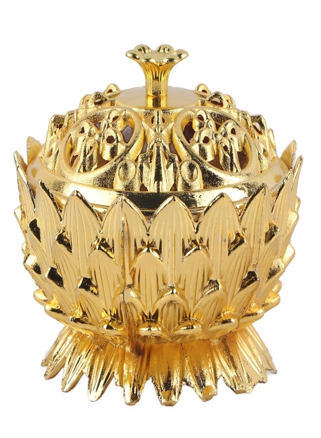 Leopacat Incense Burners, Vintage Metal Burner Zinc Alloy Lotus Censer with Copper Ash Catcher Lid Feng Shui Home Office Decor for Meditation and Spiritual Relaxation 4.7" Antique Style (Gold) - Image 1