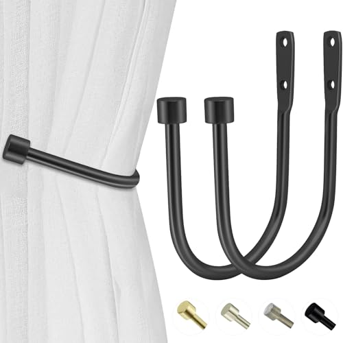 HIKMLK Minimalist Curtain Holdbacks 2pcs, 100% Cast Iron Solid Heavy Duty Metal Curtain Tieback Side Holders for Wall, Curtain Tie Hook Pull Backs for Drapes Window Home Decoration（Matte Black） - Image 1