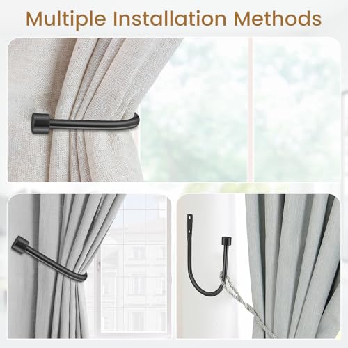 HIKMLK Minimalist Curtain Holdbacks 2pcs, 100% Cast Iron Solid Heavy Duty Metal Curtain Tieback Side Holders for Wall, Curtain Tie Hook Pull Backs for Drapes Window Home Decoration（Matte Black） - Image 5