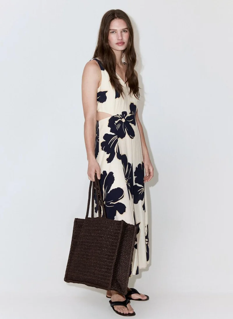 Mango cream with navy floral Floral Print Cut-Out Dress for Women | Best Price UAE
