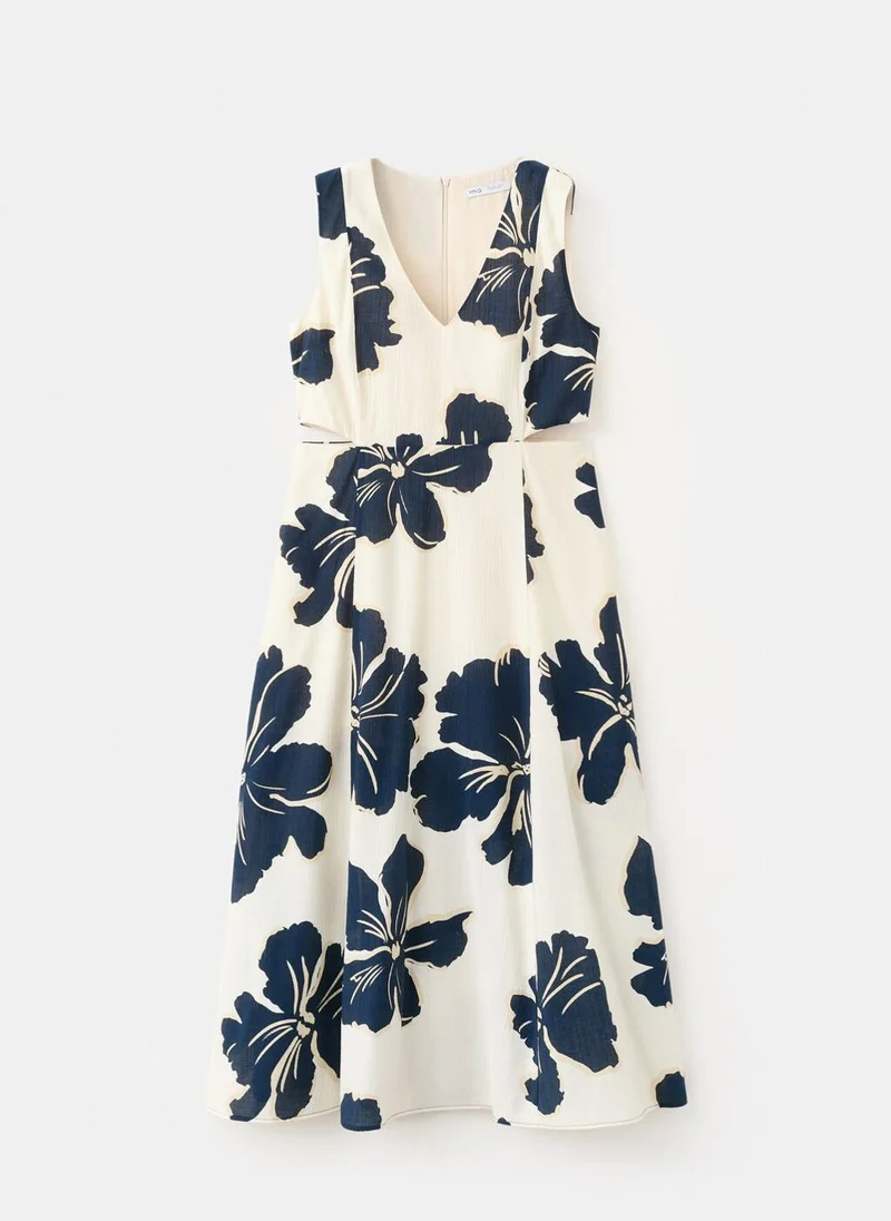 Mango cream with navy floral Floral Print Cut-Out Dress for Women | Best Price UAE