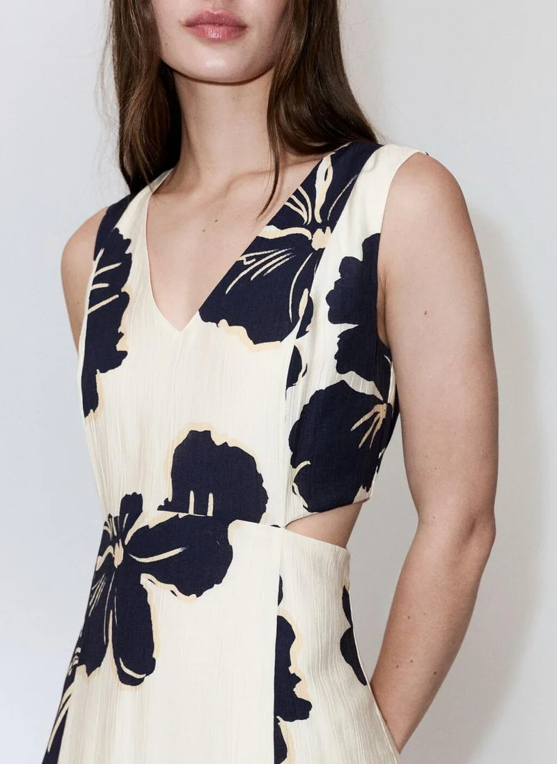 Mango cream with navy floral Floral Print Cut-Out Dress for Women | Best Price UAE
