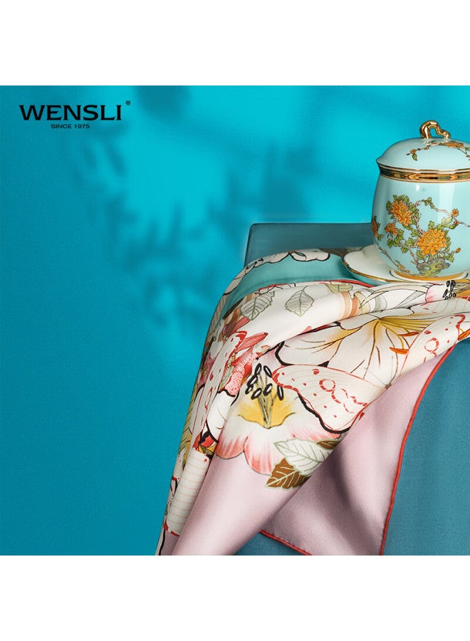 Wanshili Silk Scarf For Women, Gift Box For Mom, Silk Scarf And Porcelain Set For Ladies - Floral Landscape Butterfly Wrap - Image 2