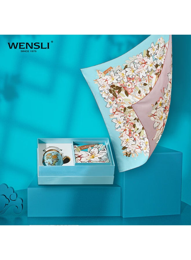 Wanshili Silk Scarf For Women, Gift Box For Mom, Silk Scarf And Porcelain Set For Ladies - Floral Landscape Butterfly Wrap - Image 3