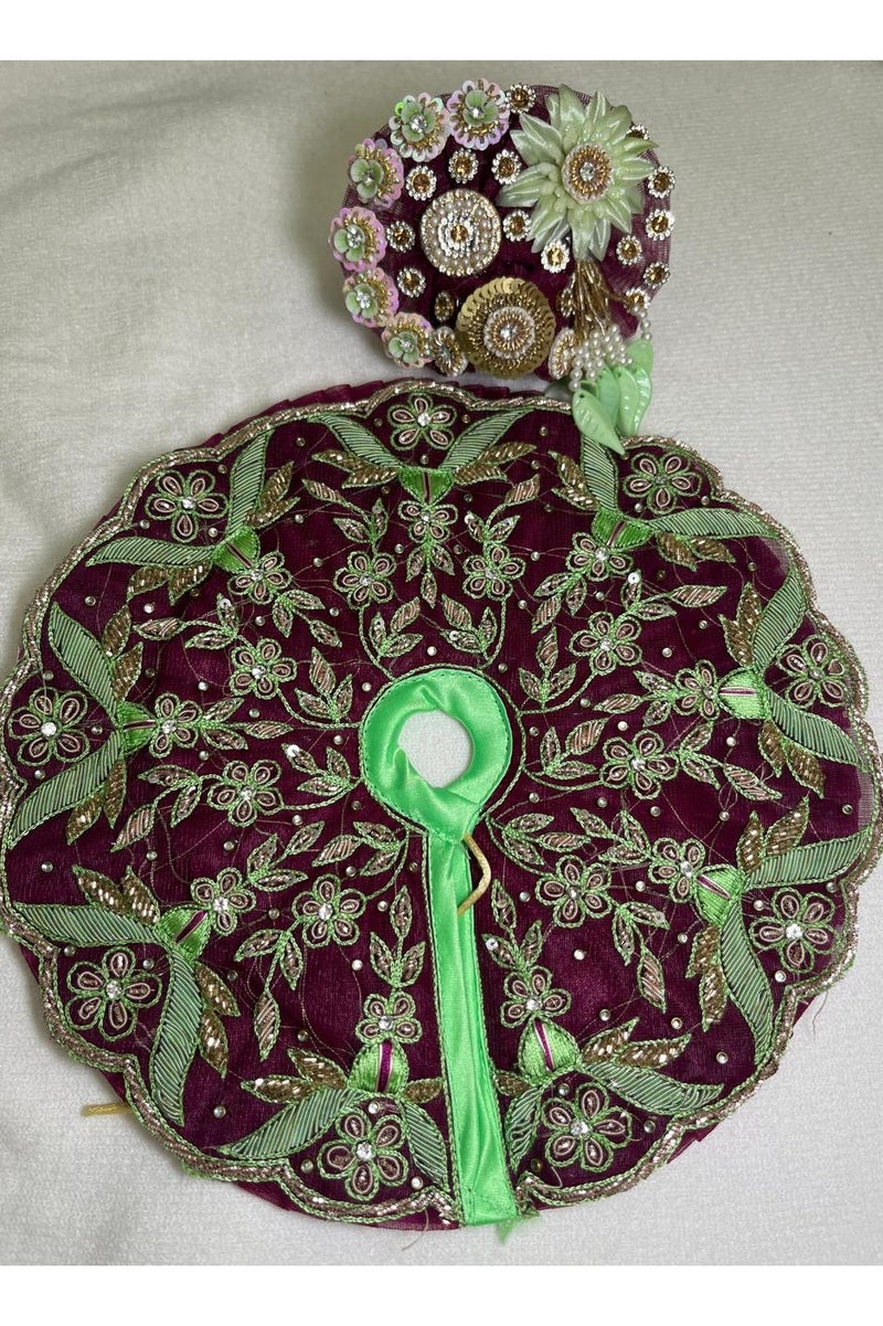 Janmashtmi special Laddu Gopal Dress, Burgundy and Mint Green Embroidered Poshak with Floral Design, Traditional Temple Outfit ; Size 10 inches, comes with matching Pagdi
