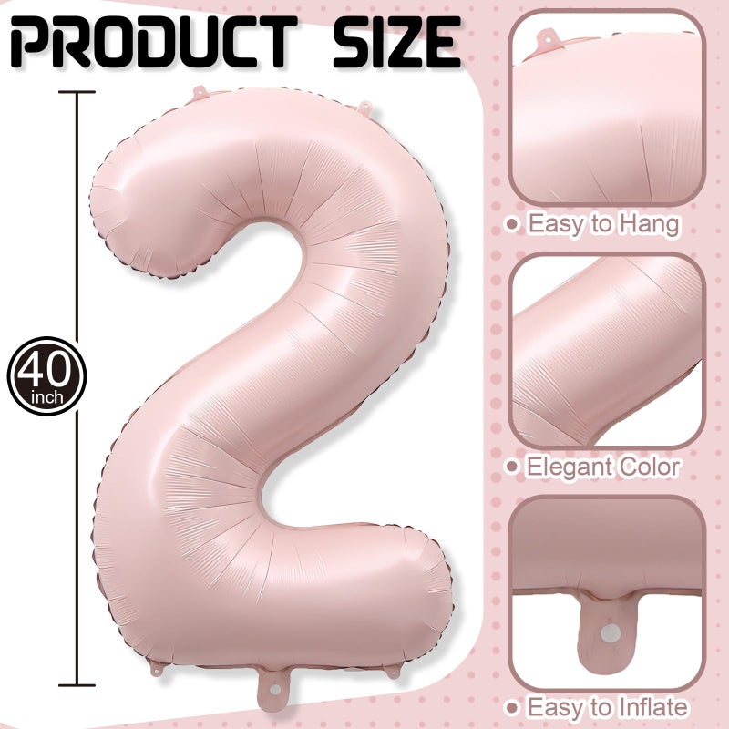 Froova 40 Inch 2 Balloon Number, Large Dusty Baby Pink Foil Number 2 Balloons Birthday Party Decor, Light Blush Matte Pink Mylar Helium Self Inflating Two Balloon for Girl 2nd Birthday Baby Shower Decoration - Image 2
