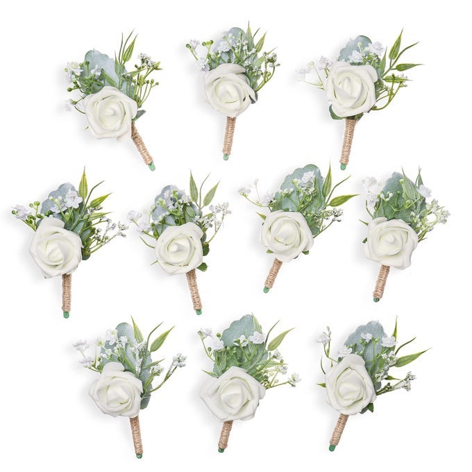ROSE BOUTONNIERES FOR MEN WEDDING GROOM AND GROOMSMEN WHITE BOUTONNIERE FOR RUSTIC FALL VINTAGE WEDDING PROM SET OF 10