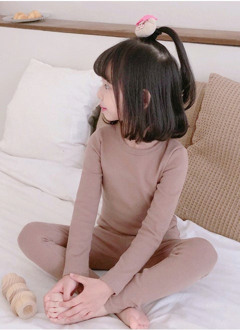 Kids Solid Color Thermal Underwear Set Cotton Soft Long Johns Base Layer Top & Bottom Children's Pajama Set Brown