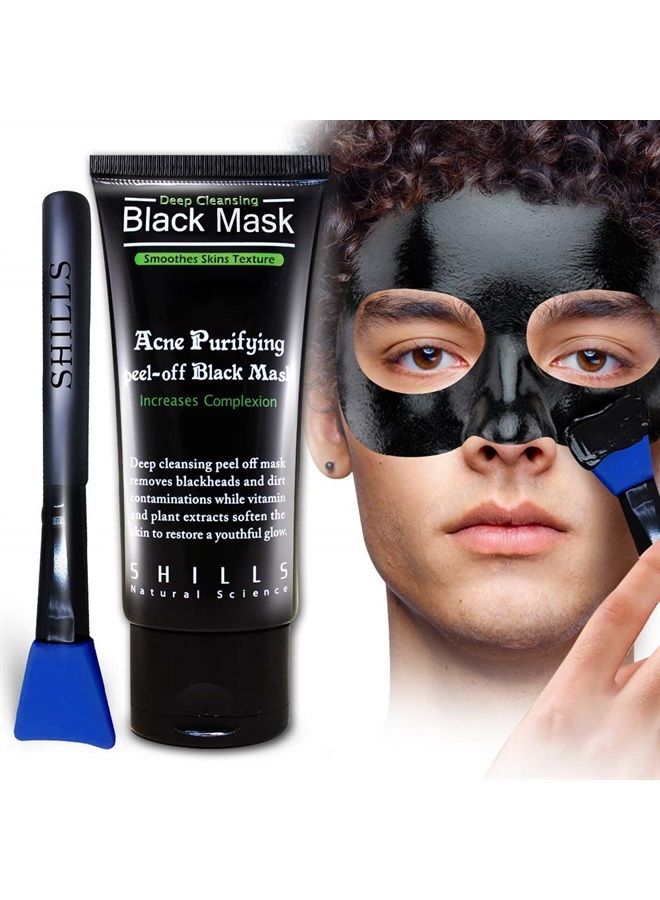 Shills Black Mask for Men, Black Mask Purifying Peel Off Mask, Charcoal Mask, Blackhead Removal Mask, Peel Off Mask, Charcoal Mask and a Brush Set - Image 1
