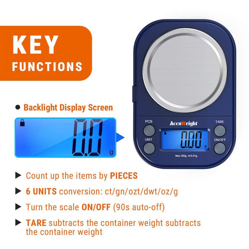 AccuWeight ميزان رقمي دقيق AccuWeight مع 300غ/0.01غ ميزان قهوة صغير محمول بدقة عالية، ميزان مجوهرات مع وظيفة الوزن الصافي والمعايرة لميزان الطعام في المطبخ - Image 2