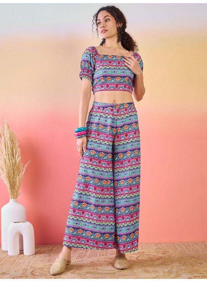 AKS Floral Printed Crop Top With Flared Palazzo  - Image 2