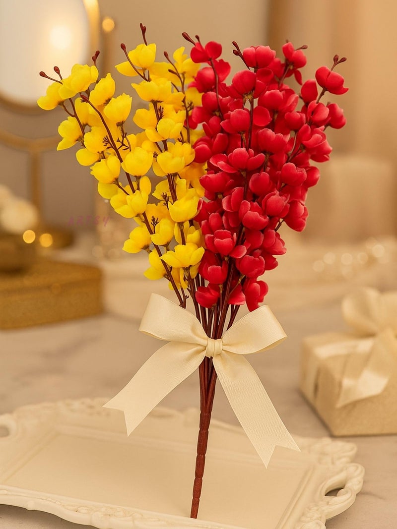 ARTSY® Artificial Flowers Bunch for Decoration Cherry Blossom, Ideal for vase, Home, Office Decor, Gifts, Craft, Artificial Plants for Decoration, Without vase, Yellow Maroon, Combo, 2 Pieces - Image 5