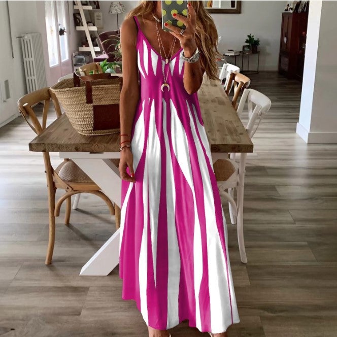 2023 Summer Fashion Loose Color Block Printed Slip Dress Orange  - Image 1