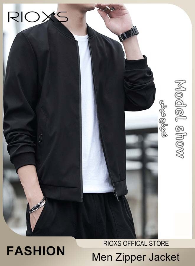 RIOXS Men's Bomber Jacket, Lightweight Zip Up Windbreaker Jackets, Waterproof Windproof Slim Fit Outdoor Jacket Coat with Pocket, Trendy Lined Stand Collar Full Zipper Jacket, Spring Fall Casual Jackets Outerwear for Casual, Work, Running, Cycling, Hiking, Fishing and More, Black - Image 5