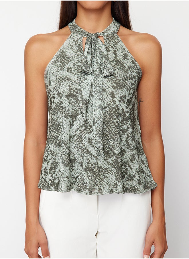trendyol - Khaki Animal/Snake Printed Special Textured Stretchy Knitted Blouse with Tie Detail TWOSS24BZ00491 - Image 1