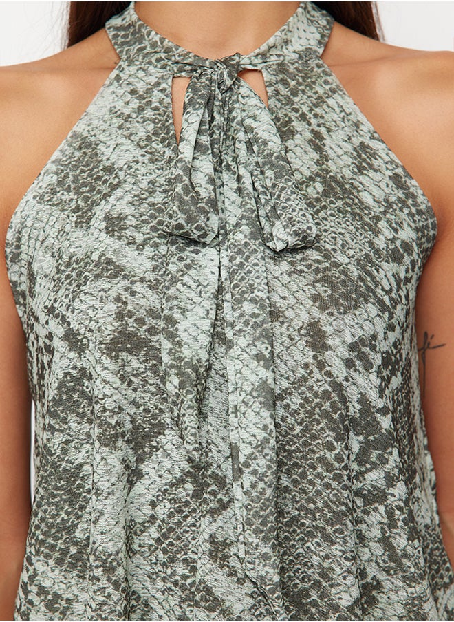 trendyol - Khaki Animal/Snake Printed Special Textured Stretchy Knitted Blouse with Tie Detail TWOSS24BZ00491 - Image 1